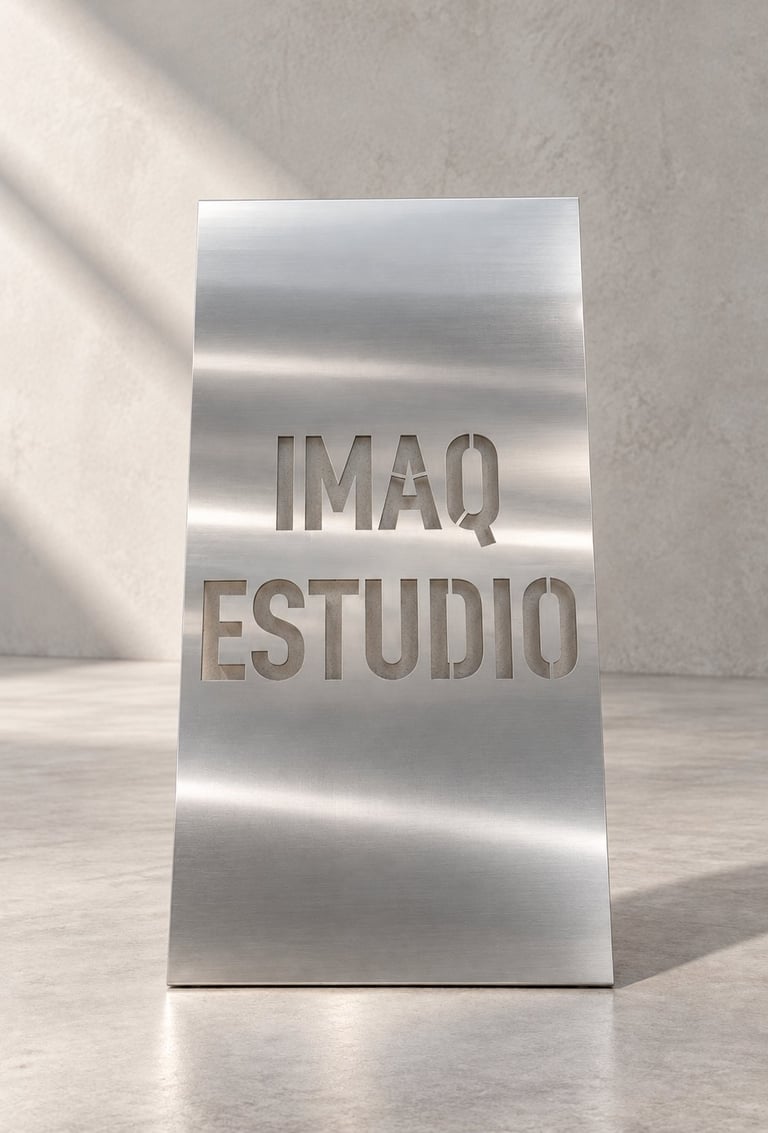 STAINLESS STEEL SIGN - Letrero de acero inoxidable pulido con la leyenda IMAQ ESTUDIO en un espacio de galería minimalista con luz natural